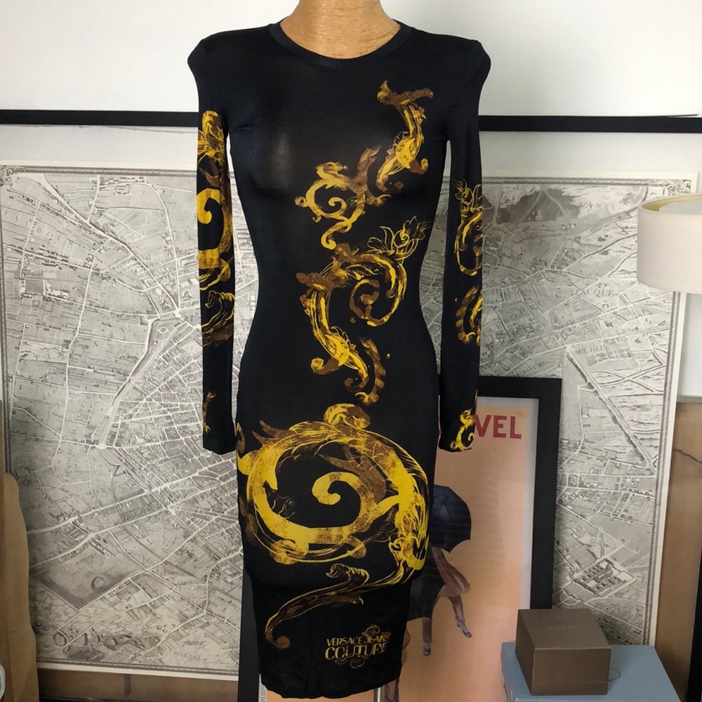 Versace jeans couture Barocco print Black and Gold Long Sleeve Dress Size 4